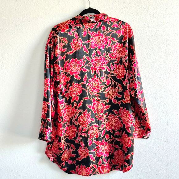 Vintage Victoria's Secret Large Button Front Sleep Shirt Black Red Floral Satin - Picture 2 of 9